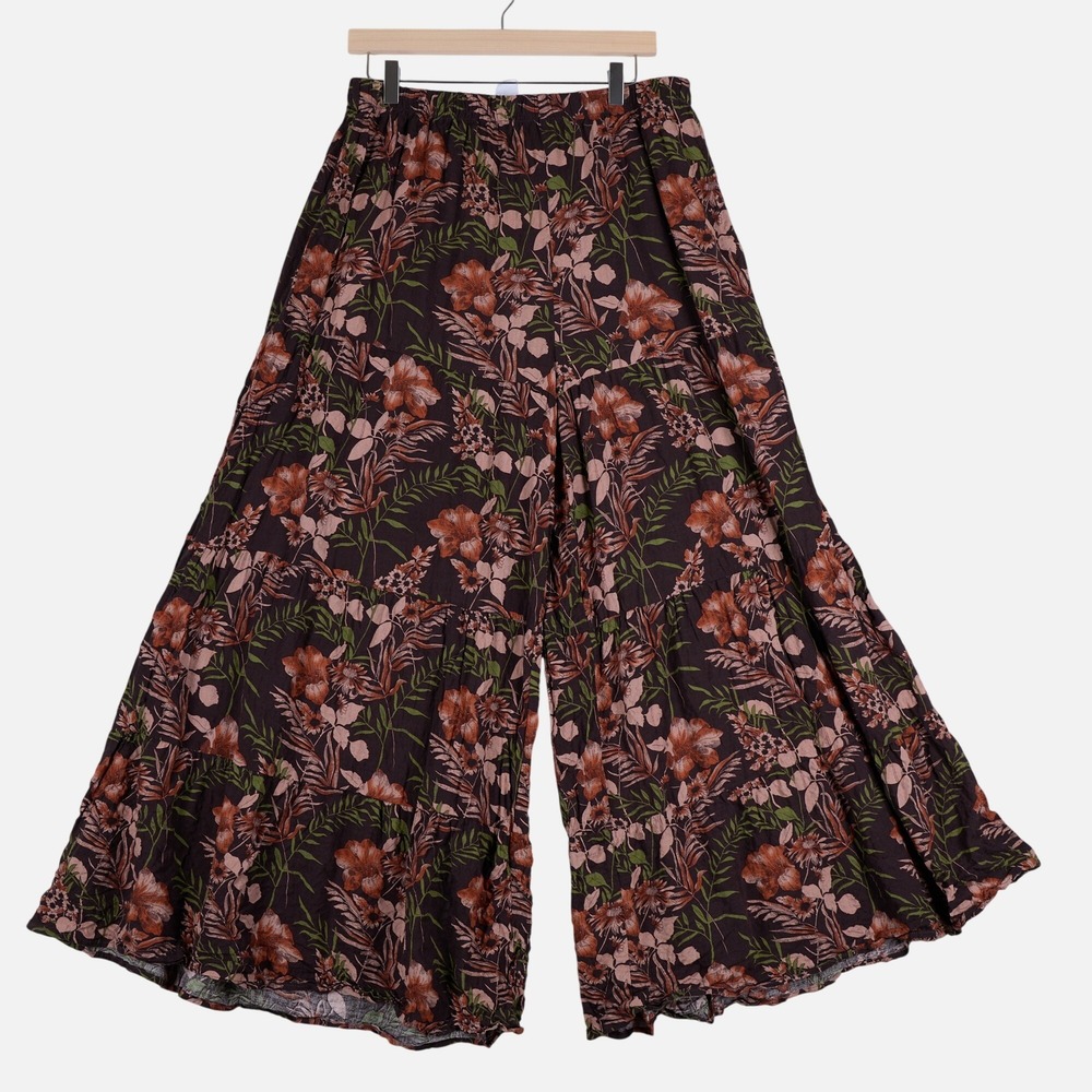 Natural Life Palazzo Pant XL Brown Floral Tiered Wide Leg Boho Elastic Waist XL